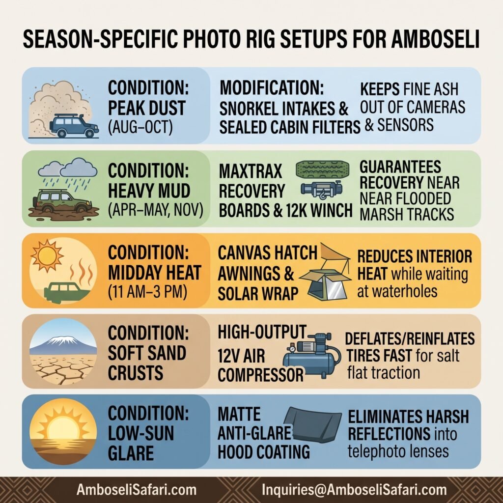 Infographic showing seasonal vehicle modifications like snorkels, winches, and awnings for Amboseli photography safaris.