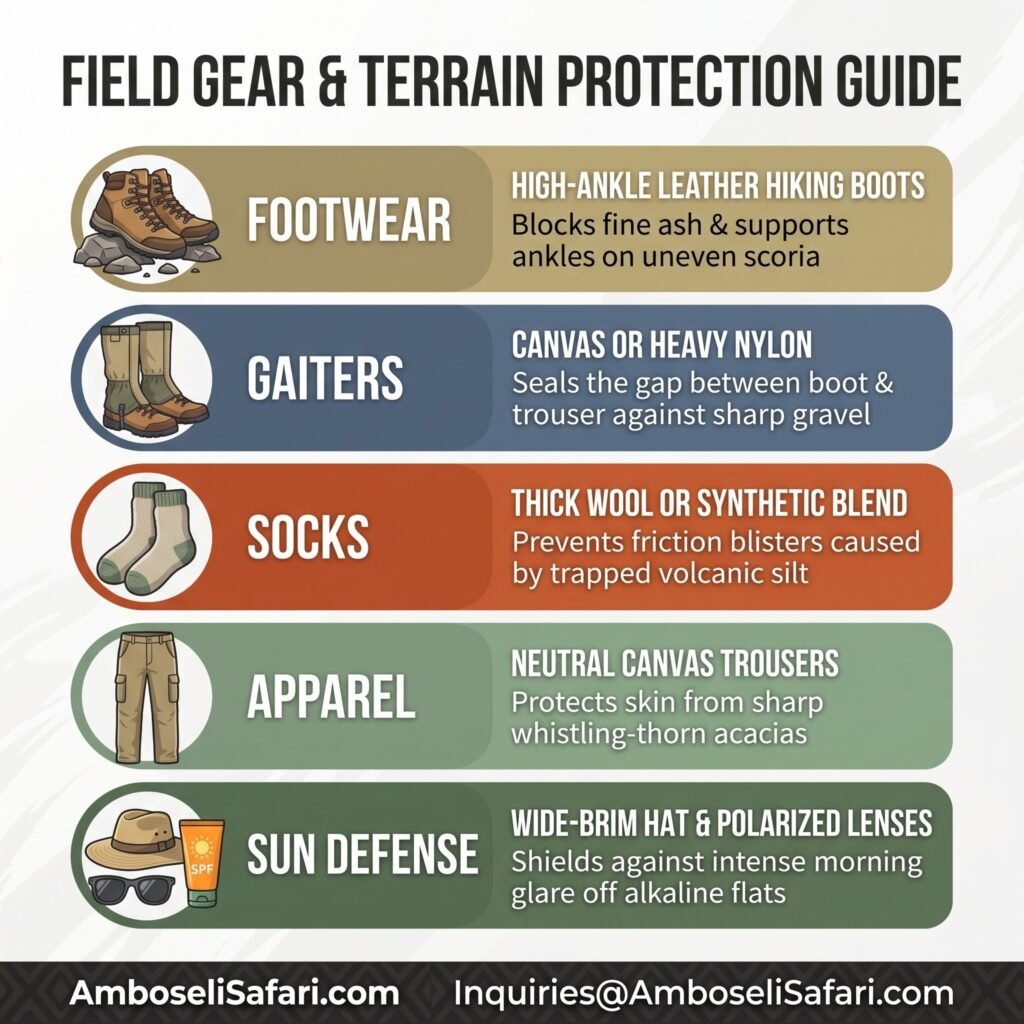 Infographic guide showing recommended footwear, clothing, and sun protection for Amboseli walking safaris.