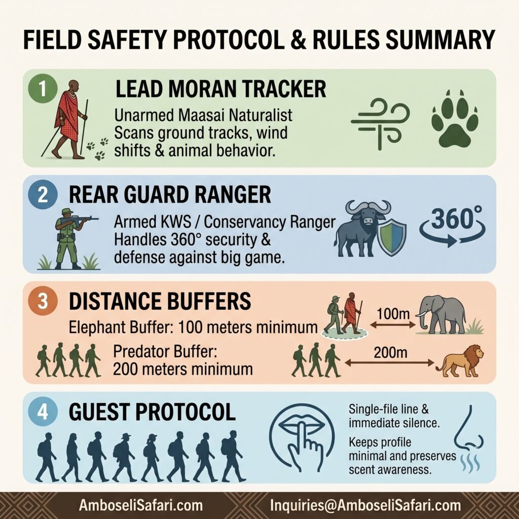 Infographic outlining Amboseli walking safari safety roles, distance buffers, and guest conduct protocols.