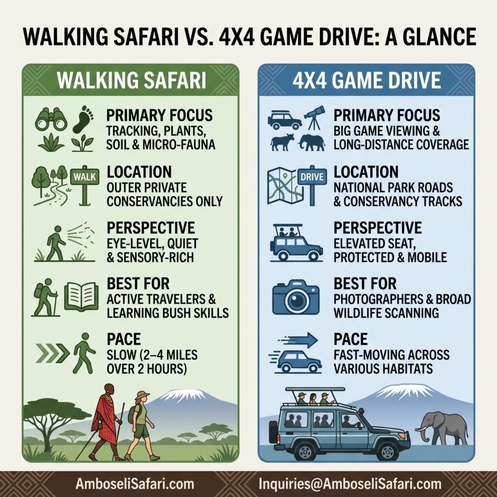 Infographic comparing features of Amboseli walking safaris and 4x4 vehicle game drives.