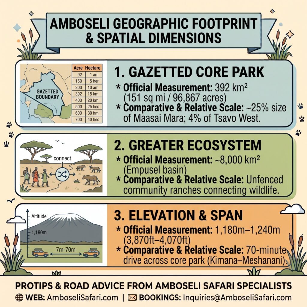 Infographic detailing Amboseli's 392 km² core park, 8,000 km² greater ecosystem, and 1,180m-1,240m altitude range and 70-minute span.