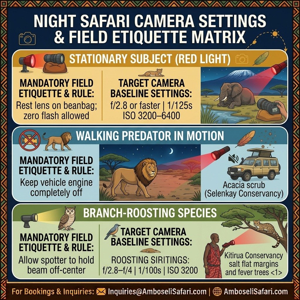 Square infographic comparing camera baselines and etiquette rules for stationary, moving, and branch-roosting night safari animals.