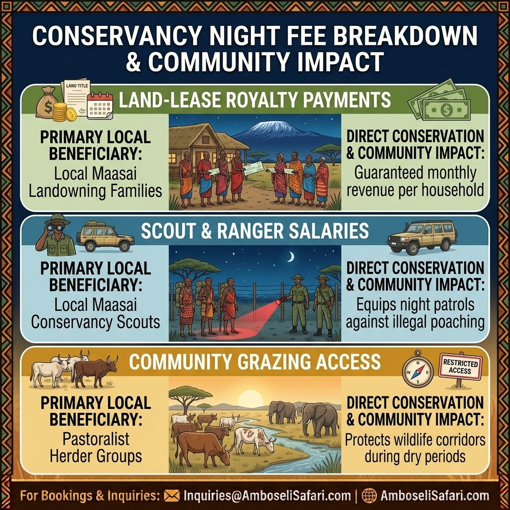Infographic breakdown of Amboseli conservancy night fees supporting land-lease royalties, scout salaries, and Maasai grazing access.