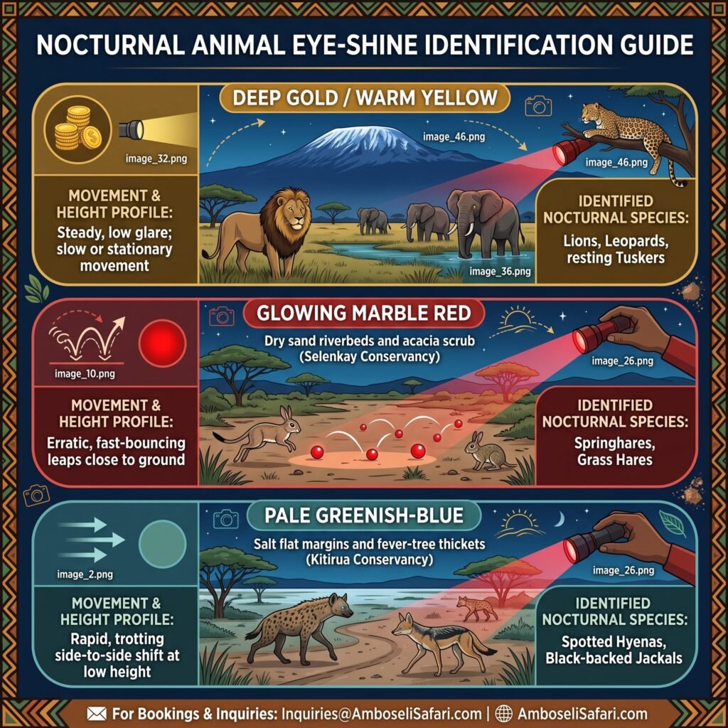 Square infographic guide identifying Amboseli's nocturnal animals by their gold, red, and greenish-blue eye-shine colors and movement.