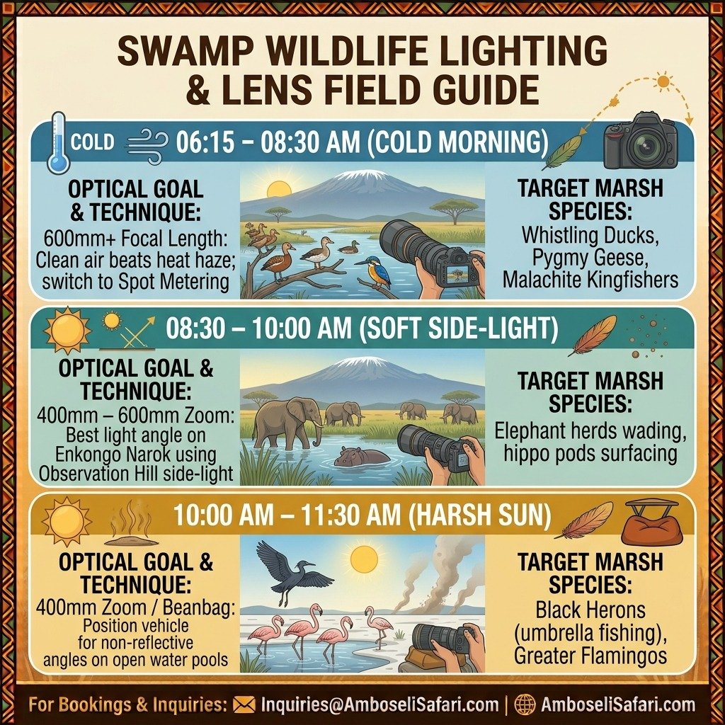 Square infographic detailing recommended lenses, techniques, and species targets across three distinct morning swamp lighting windows.