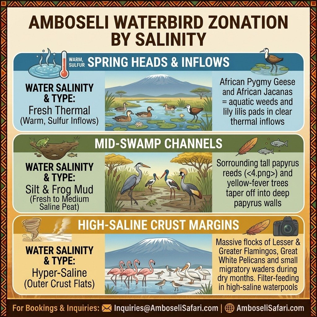 Square infographic illustrating how water salinity dictates the zonation of key waterbird species across Amboseli's central marshes.