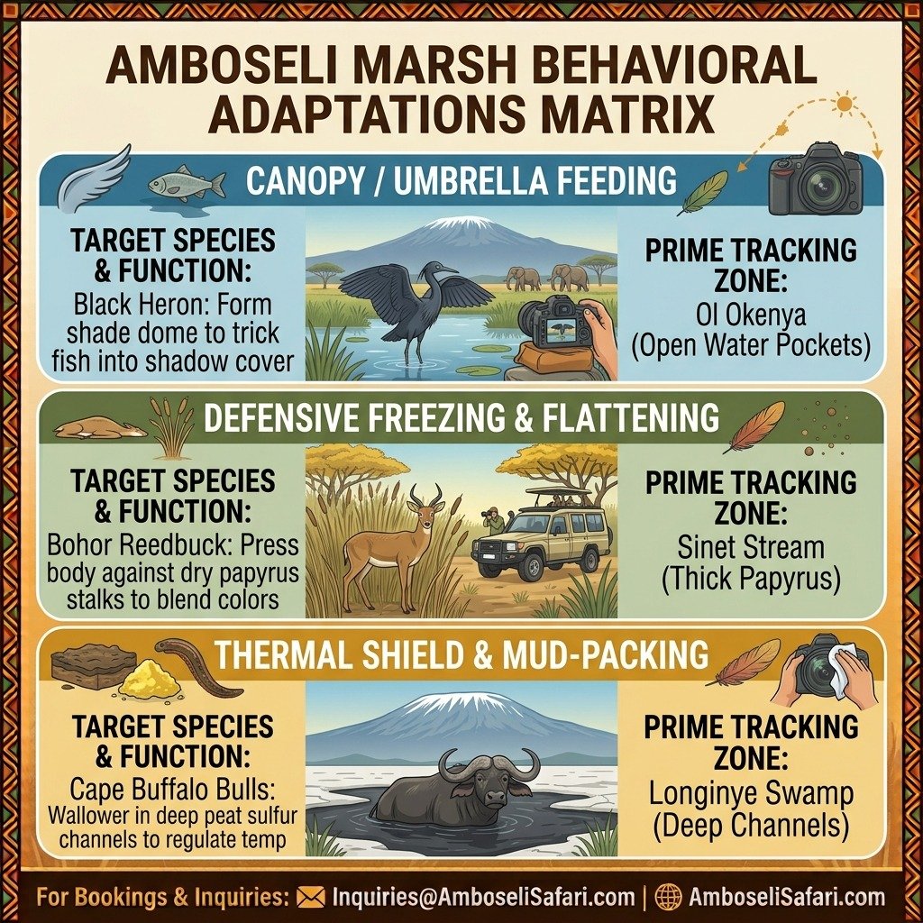 Square infographic comparing Black Heron, Bohor Reedbuck, and Cape Buffalo behavioral adaptations across different Amboseli swamp zones.