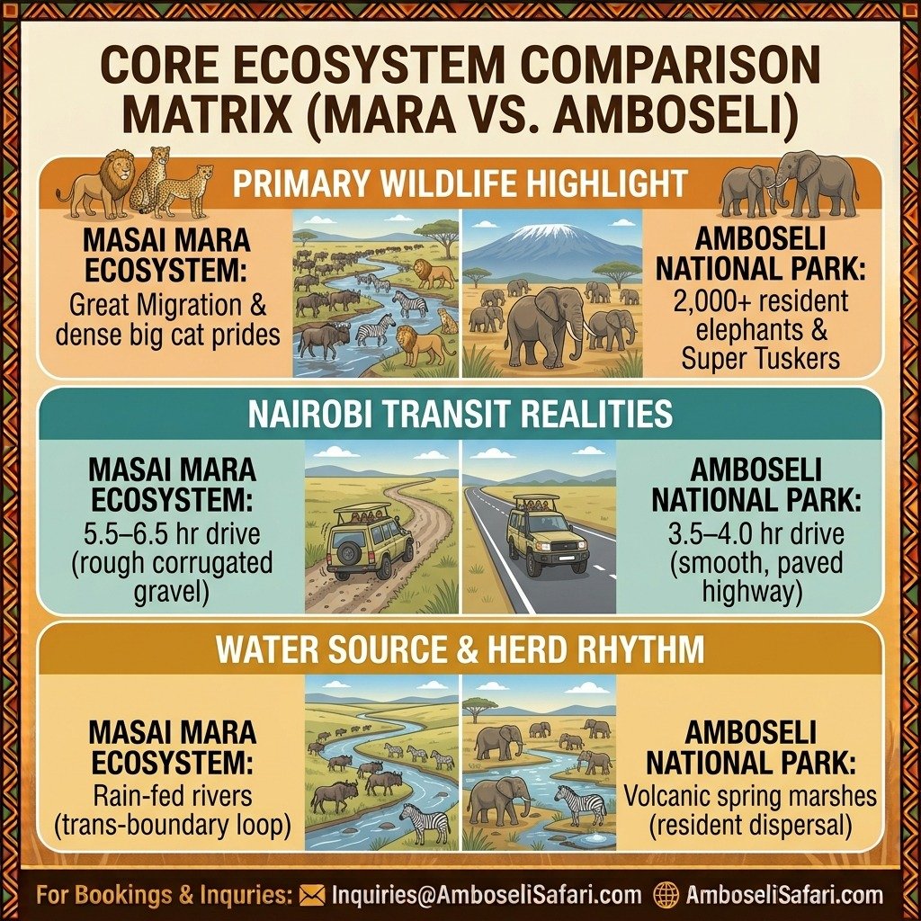 Square infographic comparing Masai Mara and Amboseli key wildlife highlights, Nairobi drive times, and primary water sources.