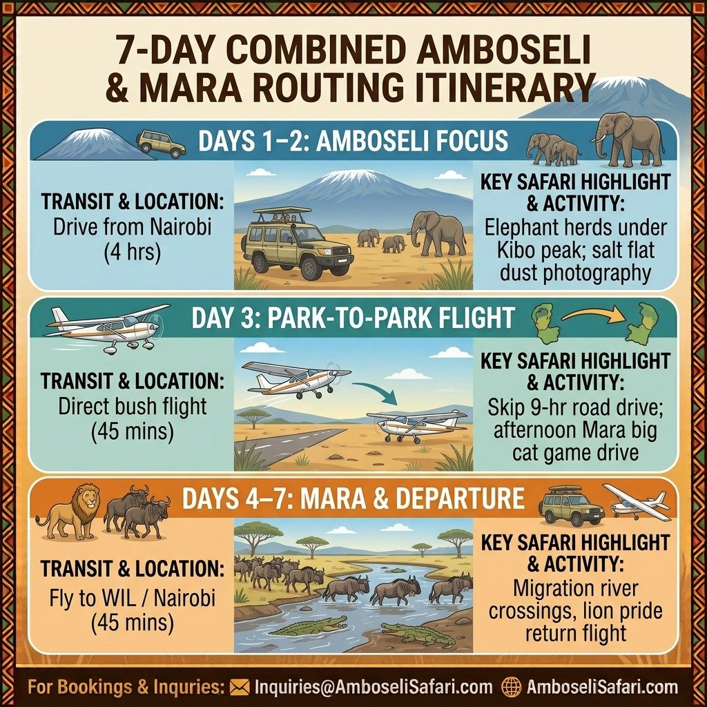 Infographic illustrating a 7-day Kenya safari itinerary combining Amboseli elephants and Masai Mara big cats via bush flights.