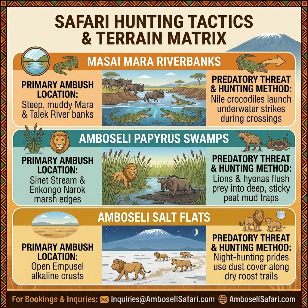 Square infographic comparing hunting tactics of Nile crocodiles, lions, and hyenas in different safari terrains and ambush locations.