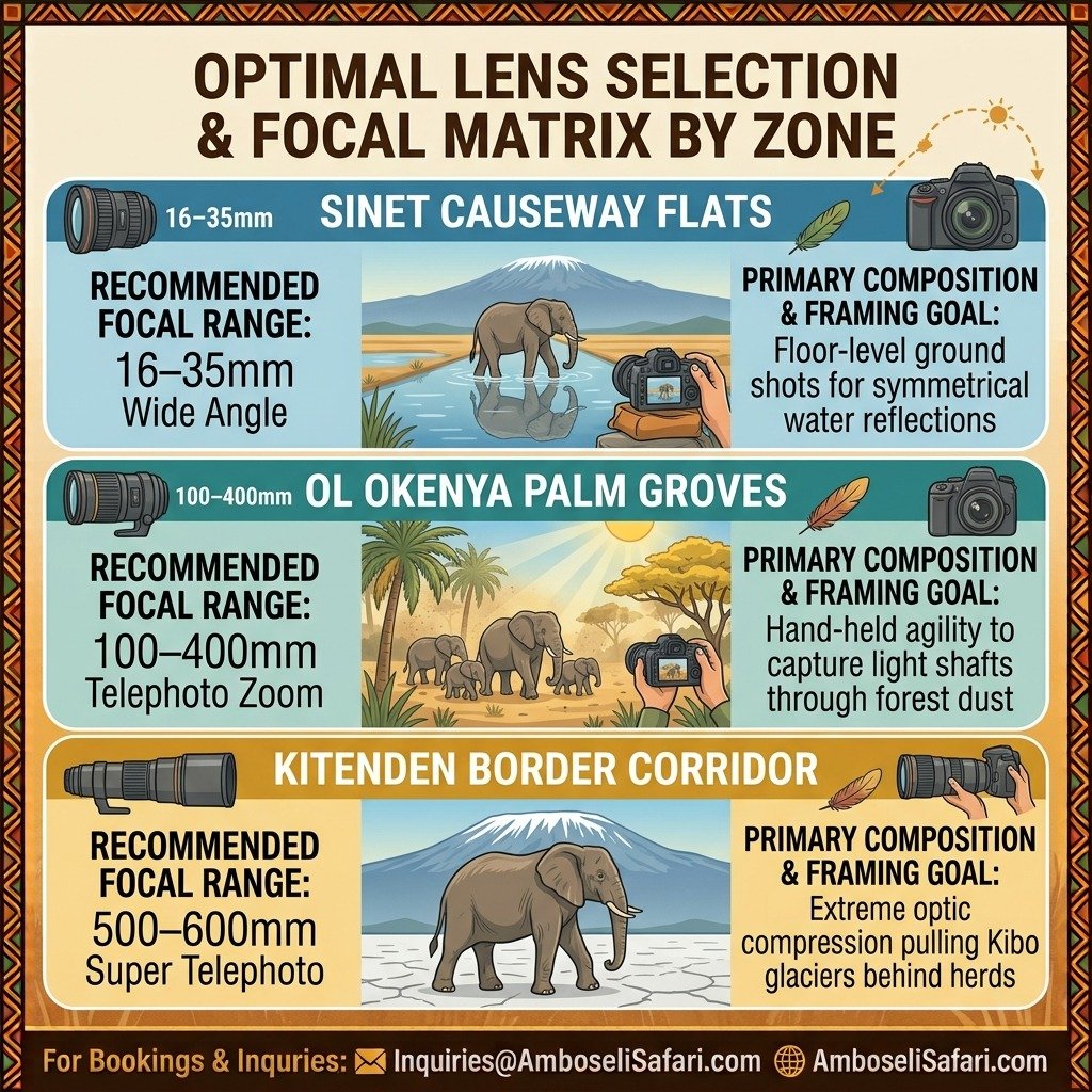 Square infographic detailing recommended lenses and composition goals for three distinct Amboseli photography zones.