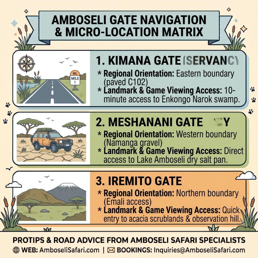 Infographic detailing Kimana, Meshanani, and Iremito gates, showing regional orientations and game viewing landmark access points.