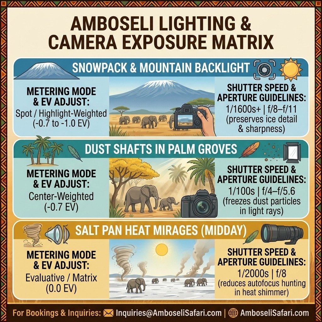 Square infographic comparing camera exposure settings, metering modes, and guidelines for major Amboseli lighting scenarios.