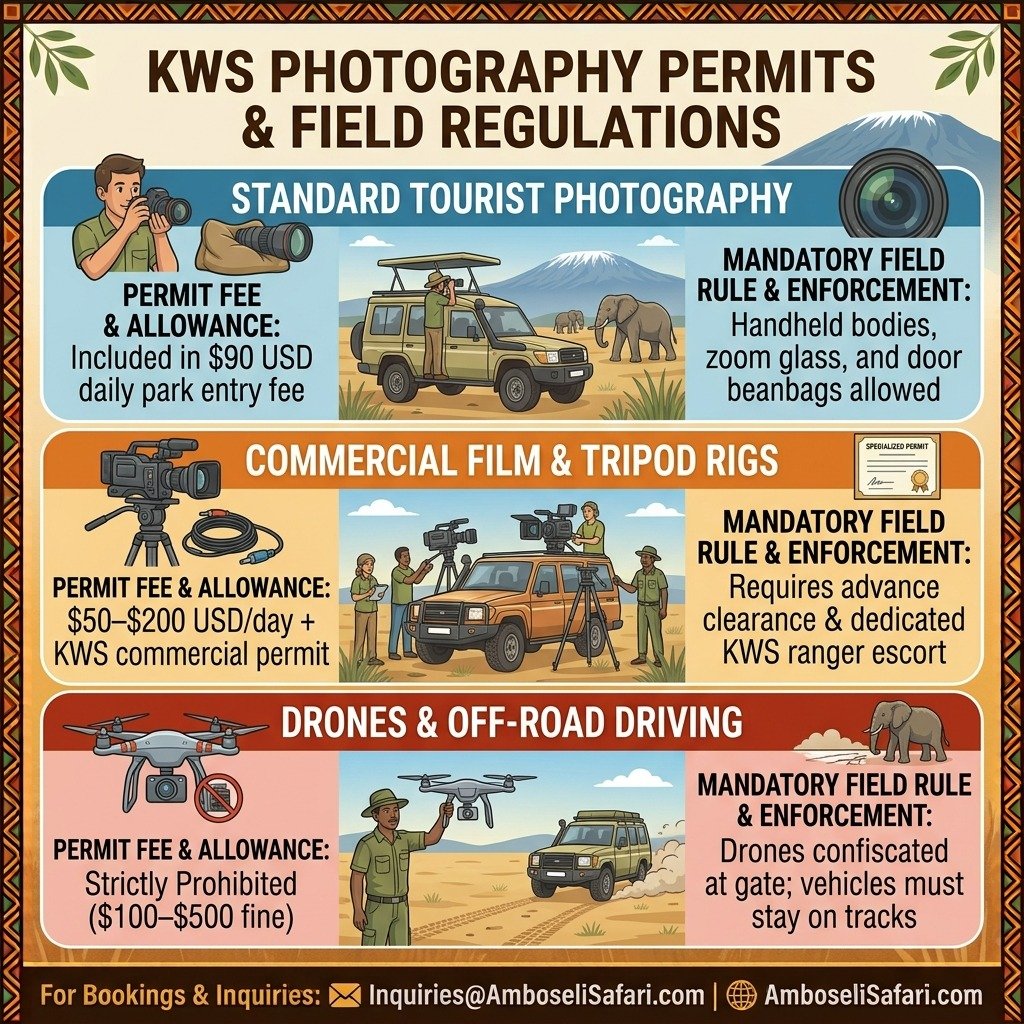 Infographic summarizing Kenya Wildlife Service permit fees, commercial photography requirements, drone bans, and off-road driving fines.