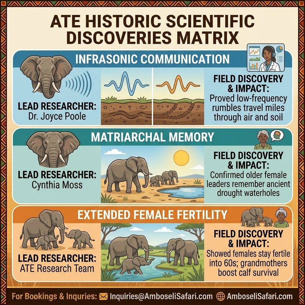 Infographic matrix showcasing major scientific discoveries made by the Amboseli Elephant Trust regarding elephant communication and biology.