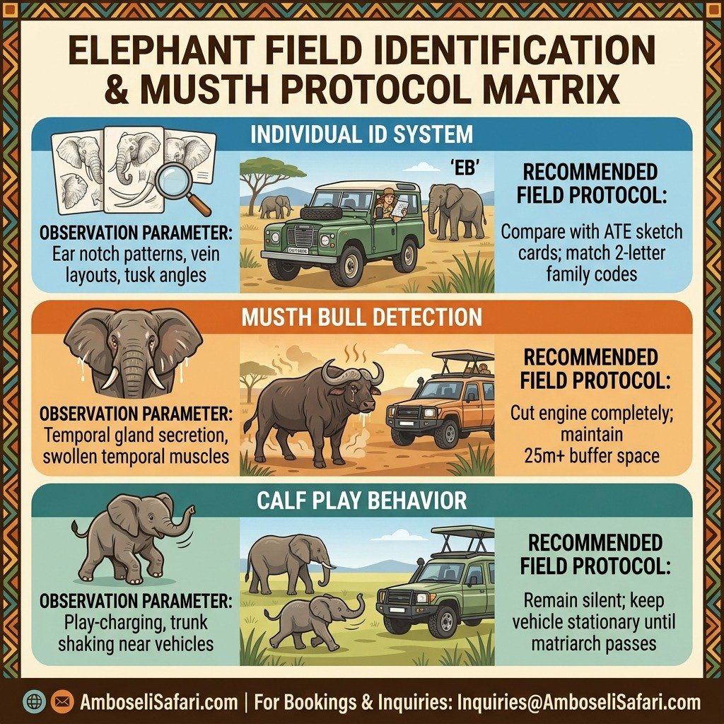 Infographic outlining elephant ID systems, musth bull detection cues, calf play behaviors, and safety protocols in Amboseli.