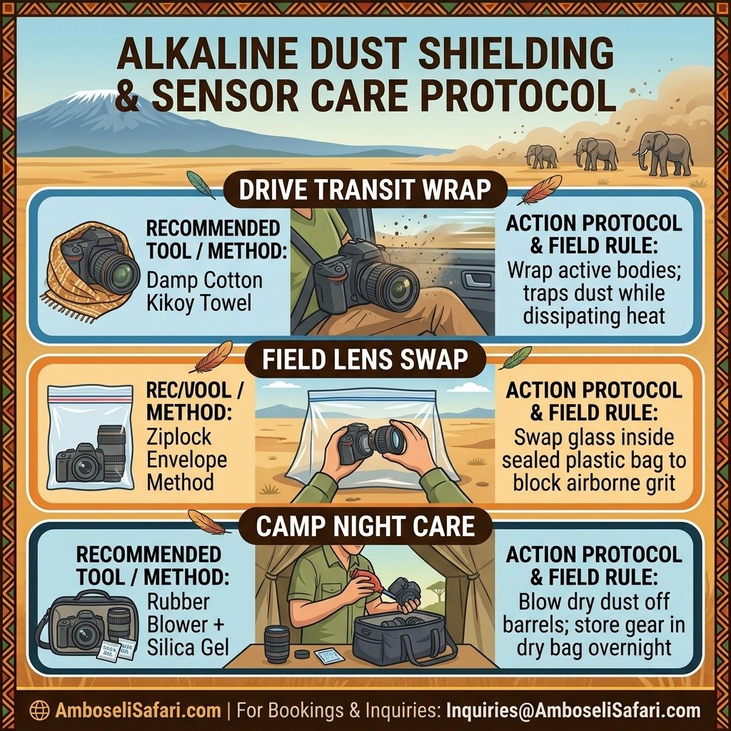 Square infographic detailing dust shielding protocols and sensor care steps for Amboseli safari photography gear.