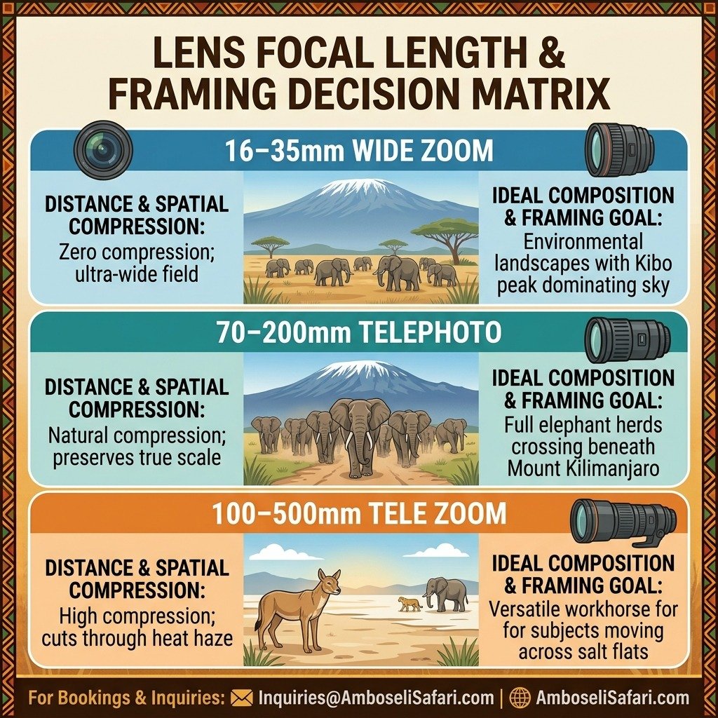 Square infographic comparing lens focal lengths, spatial compression effects, and ideal framing goals for Amboseli photography.