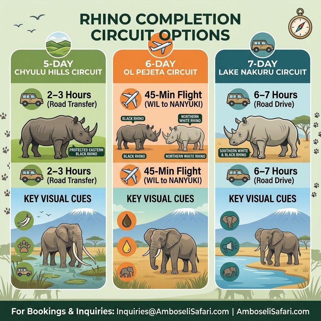 Infographic showing safari circuit options to combine Amboseli with Chyulu Hills, Ol Pejeta, and Lake Nakuru rhino sanctuaries.