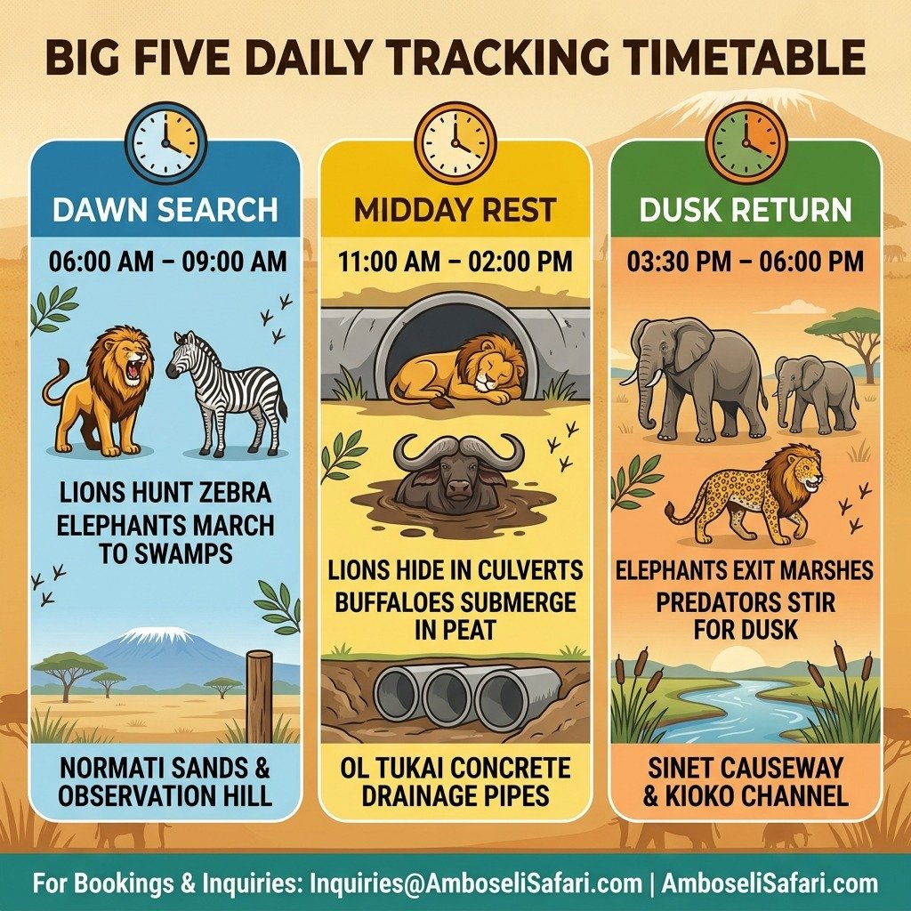 Square infographic timetable mapping daily Big Five wildlife behaviors, activity hours, and prime tracking hotspots in Amboseli.