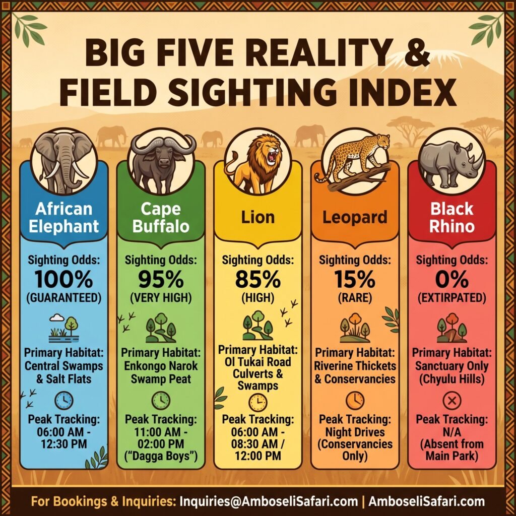 Square infographic breaking down sighting odds, habitats, and tracking times for Big Five wildlife in Amboseli.