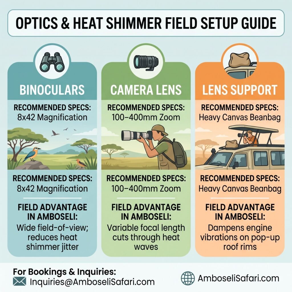 Infographic field guide detailing binocular, lens, and vehicle support specs to counter Amboseli heat shimmer.