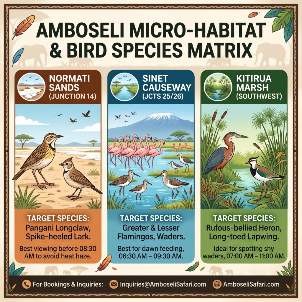 Square infographic mapping birding micro-habitats, target species, and optimal viewing windows across key Amboseli locations.