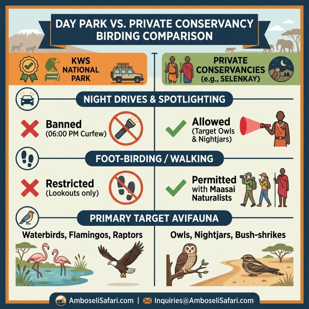 Infographic comparing birding rules, night drives, foot safaris, and target species between KWS National Park and private conservancies.