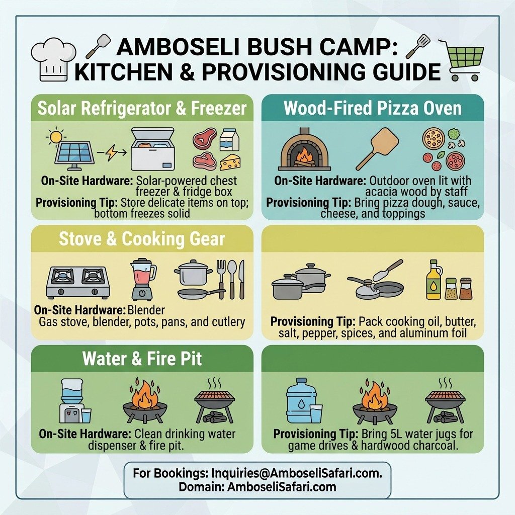 Infographic guide detailing solar kitchen equipment, pizza oven tips, and essential self-catering groceries for Amboseli Bush Camp.