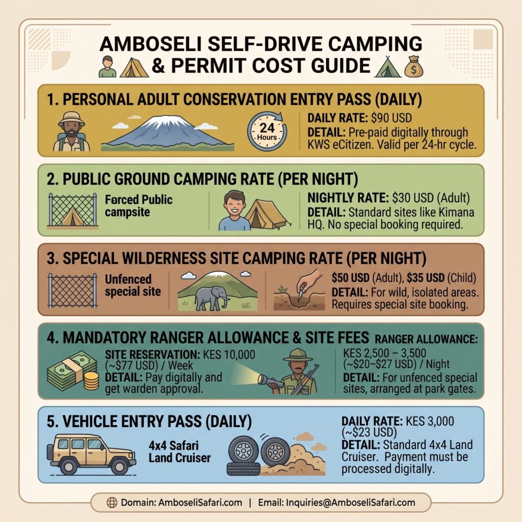 Infographic breakdown of KWS entry, public/special camping, ranger, and vehicle fees for self-drive Amboseli safaris.