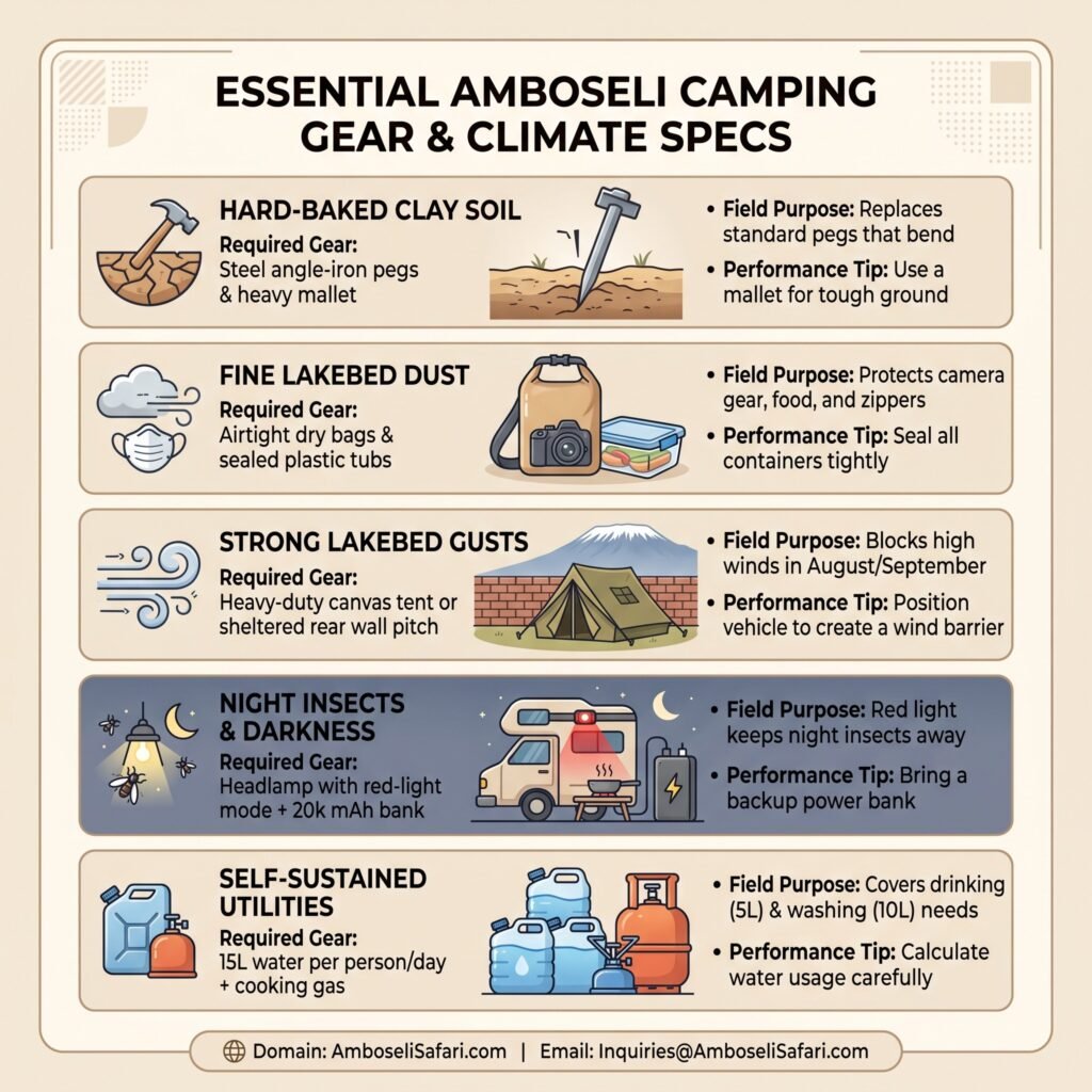 Infographic guide showing recommended camping gear, dust protection, and water requirements for dry climate conditions in Amboseli.