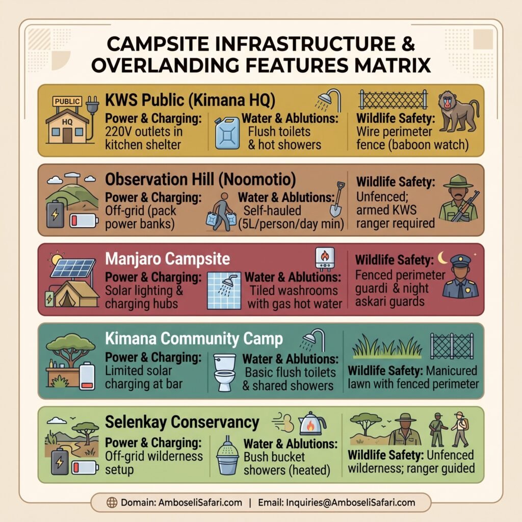 Infographic matrix comparing power, water, and wildlife safety features across five key Amboseli campsites for overlanders.