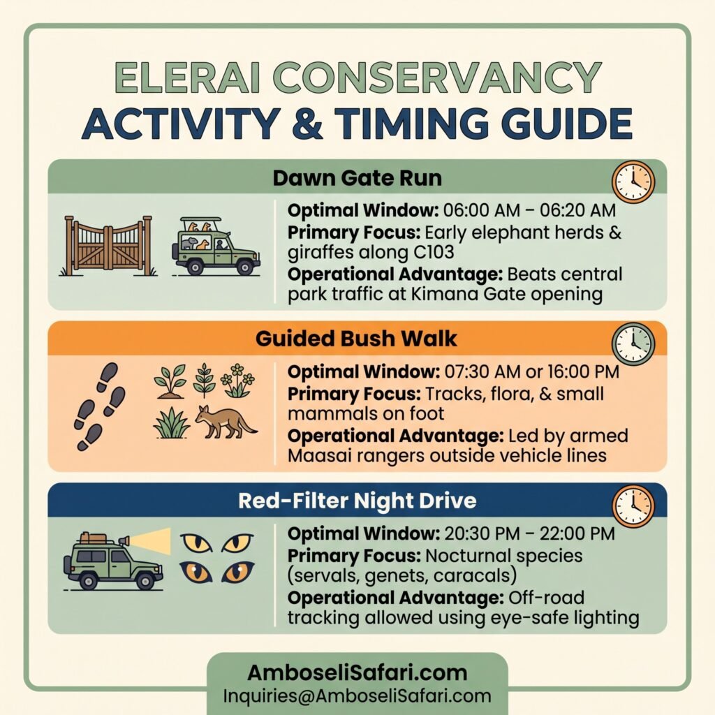 Infographic guide comparing optimal activity times, wildlife focus, and operational advantages at Elerai Conservancy.
