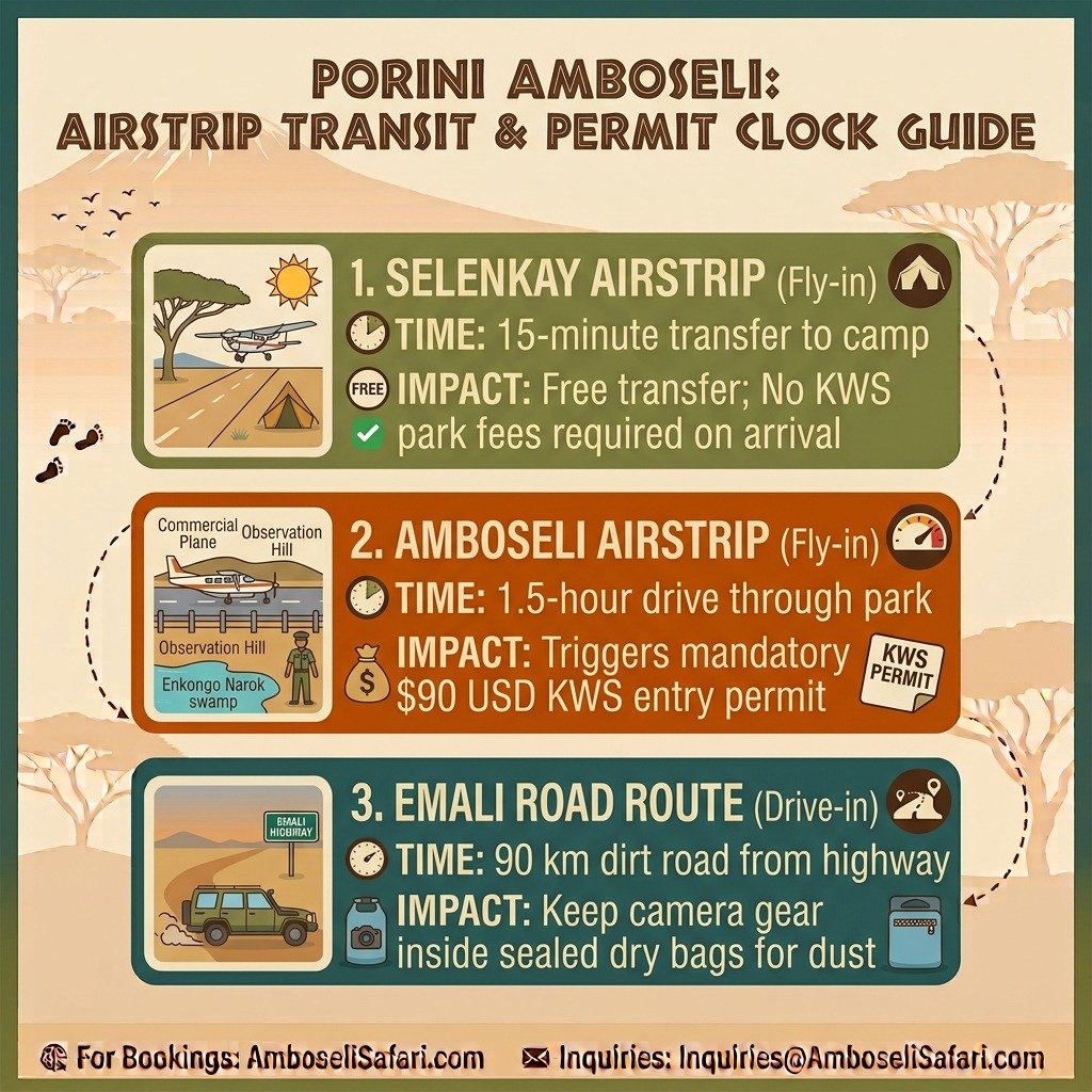 Infographic comparing airstrip transfer times, KWS park permit impacts, and road routes to Porini Amboseli Camp.