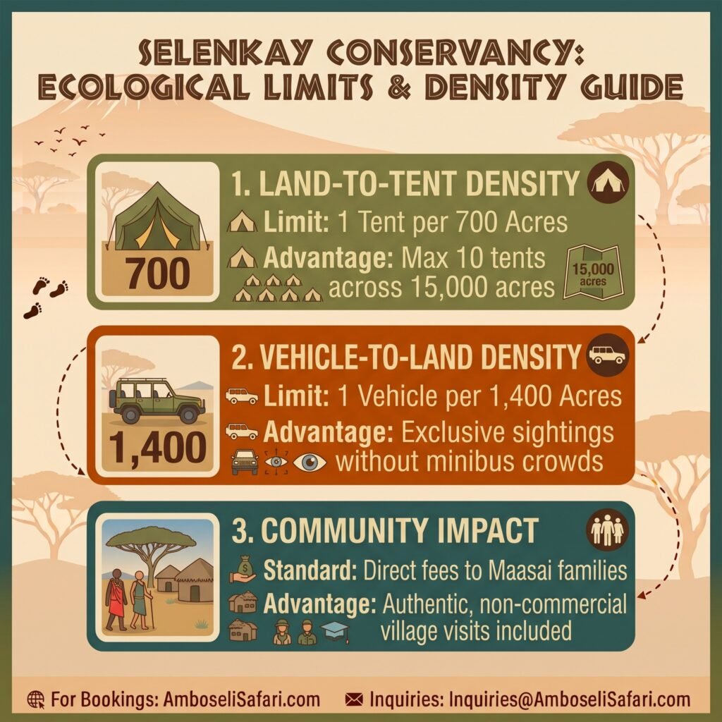 Infographic illustrating land and vehicle density limits and community impact rules for Selenkay Conservancy near Amboseli.