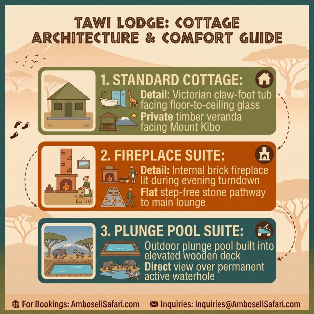 Infographic highlighting cottage features, fireplaces, plunge pools, and claw-foot tubs at Tawi Lodge Amboseli.
