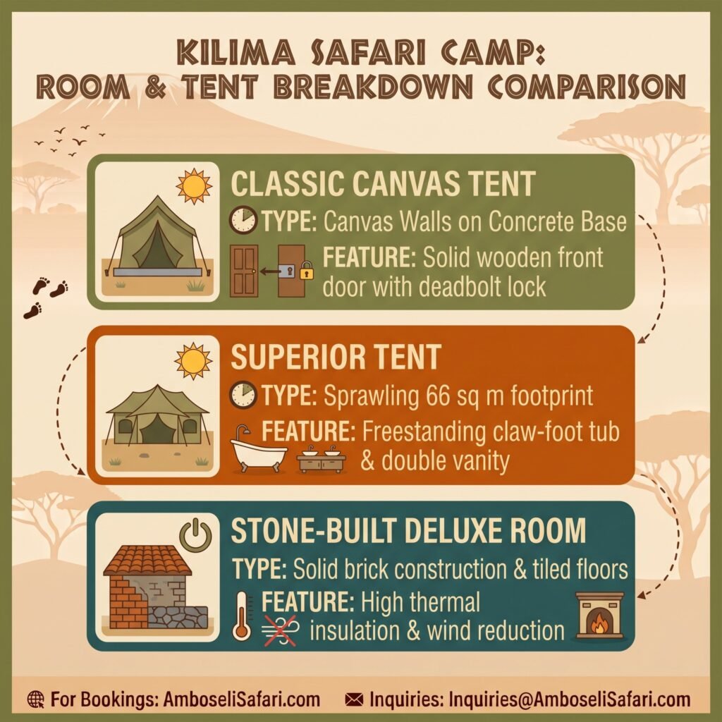 Infographic comparing Classic Canvas Tents, Superior Tents, and Stone-Built Deluxe Rooms at Kilima Safari Camp Amboseli.
