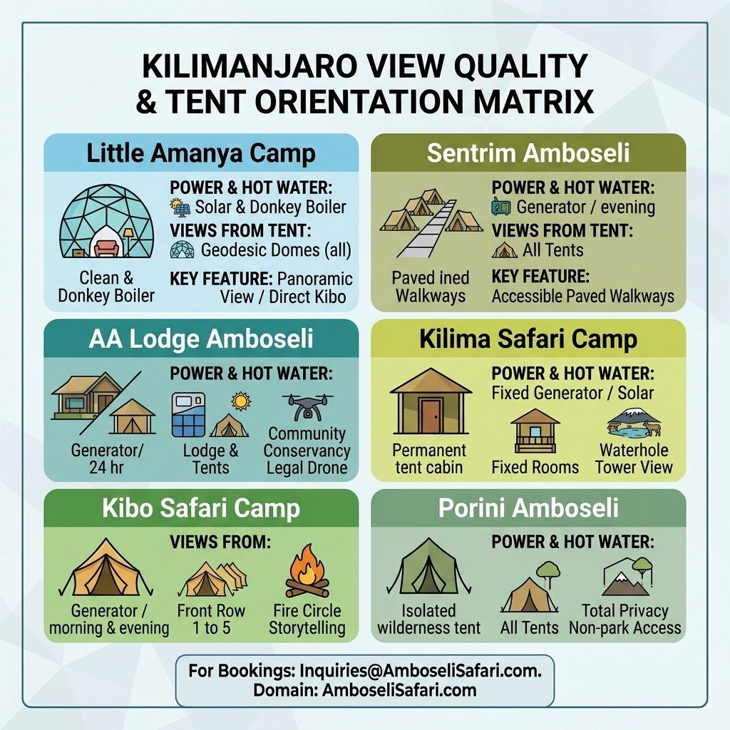 Infographic matrix comparing Kilimanjaro sightlines, peak viewing windows, and tent orientation features across Amboseli tented camps.