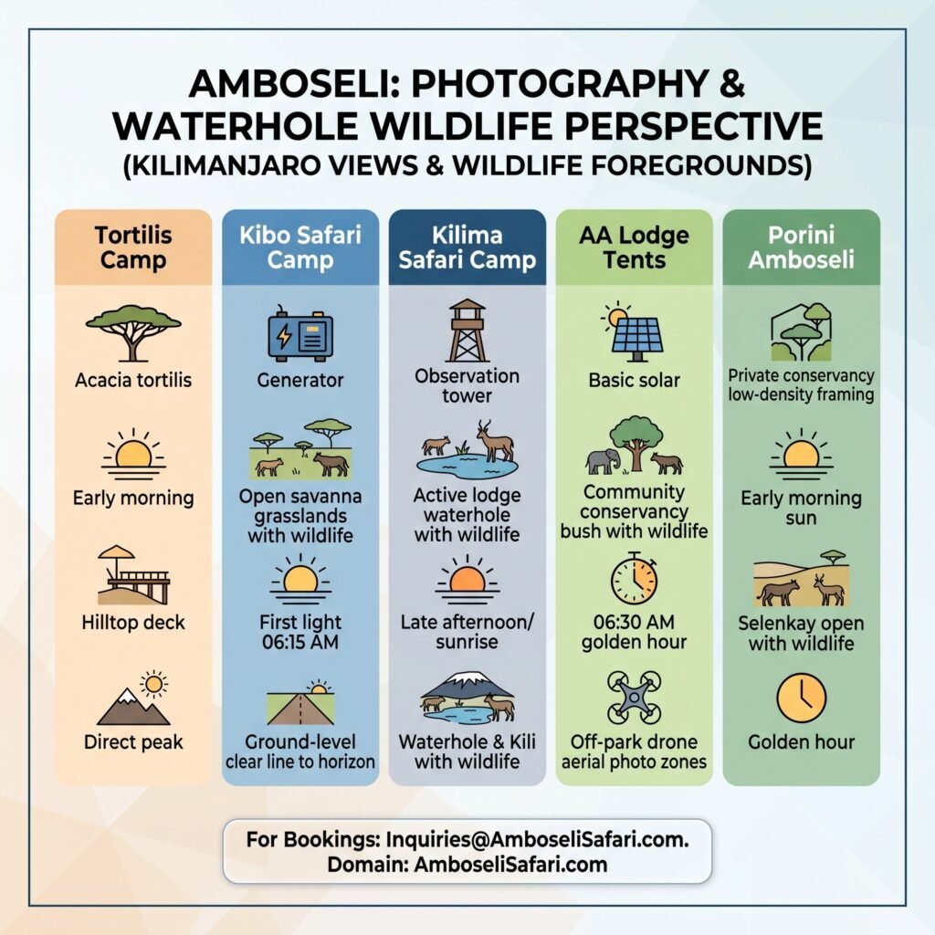 Infographic breakdown comparing photo timing, camera vantage points, and wildlife foregrounds across top Amboseli tented camps.