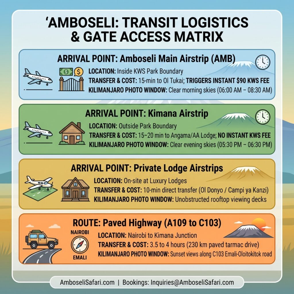 Infographic matrix detailing arrival airstrips, transfer times, park fee impacts, and Kilimanjaro photo windows for Amboseli travel.