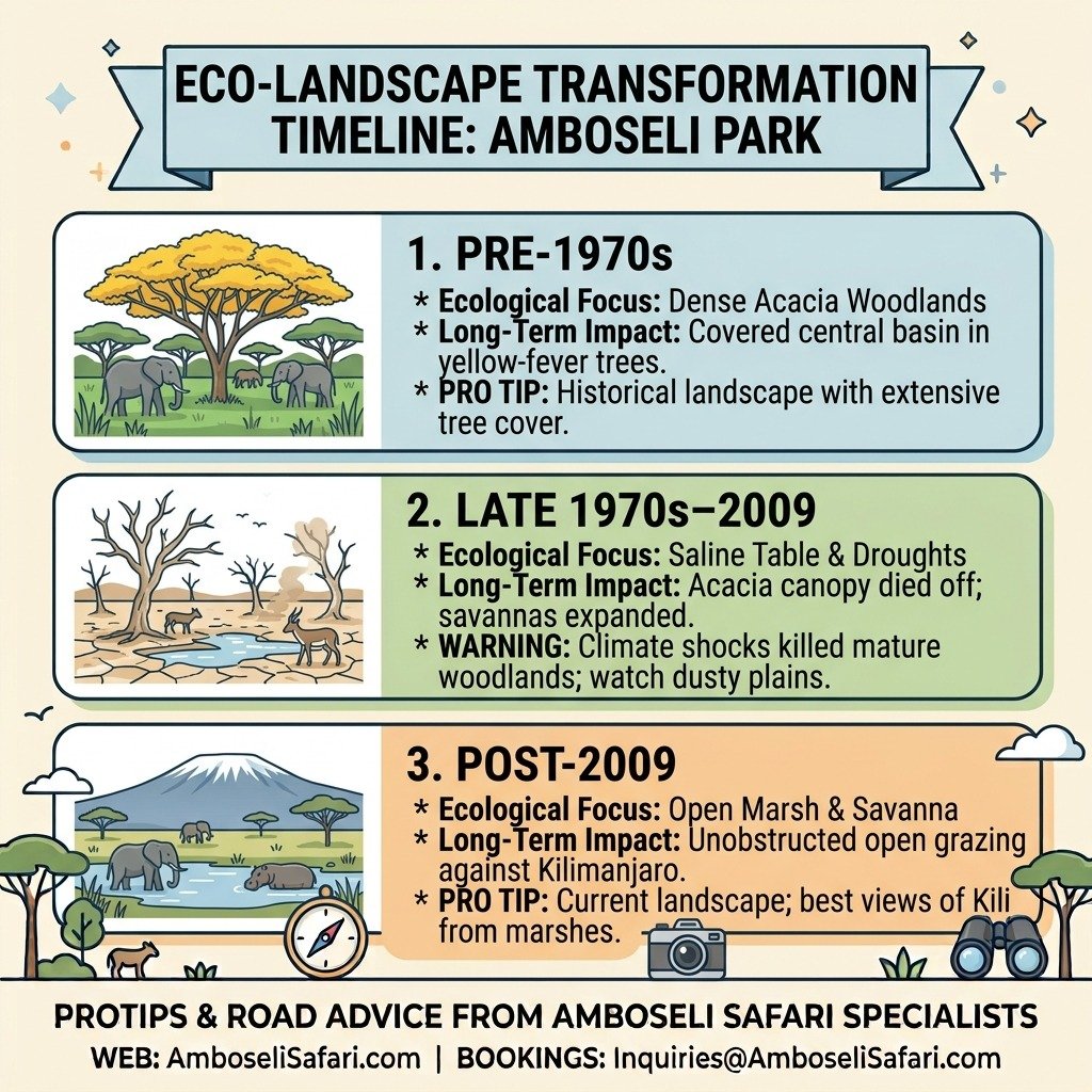Infographic timeline showing Amboseli's transition from dense pre-1970s acacia woodlands to current open savannas and marshes.