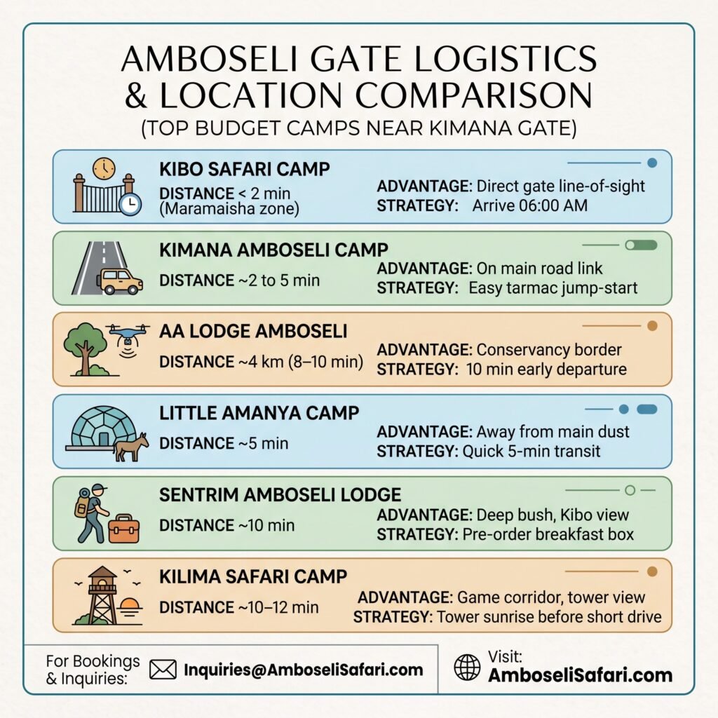 Infographic map comparing distances to Kimana Gate, location advantages, and game drive strategies for Amboseli budget camps.