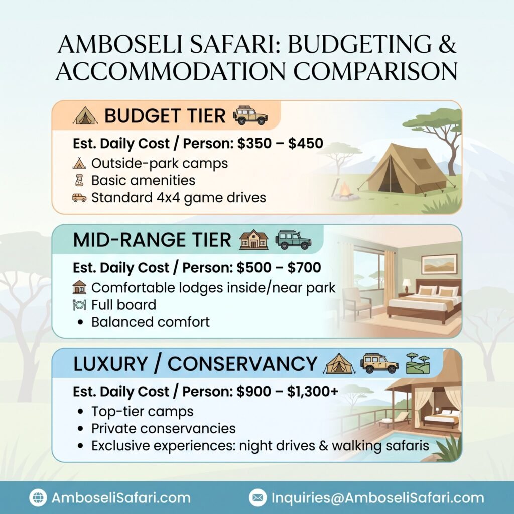 Infographic comparing daily costs and features for budget, mid-range, and luxury Amboseli safari tiers.