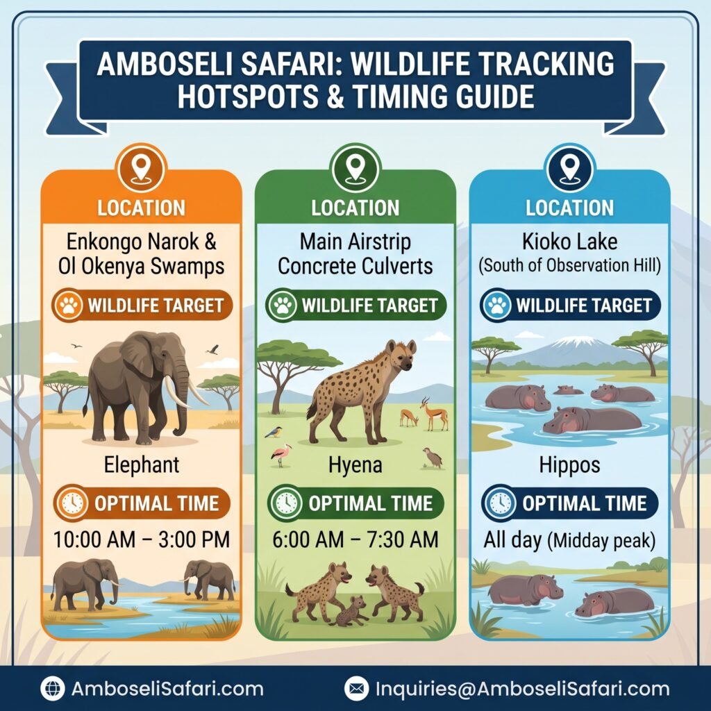 Infographic guiding Amboseli wildlife viewing: optimal times and specific locations for elephants, hyenas, and hippos.