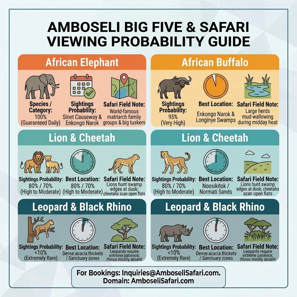 Infographic matrix showing sighting probabilities, best locations, and field notes for Big Five wildlife in Amboseli.