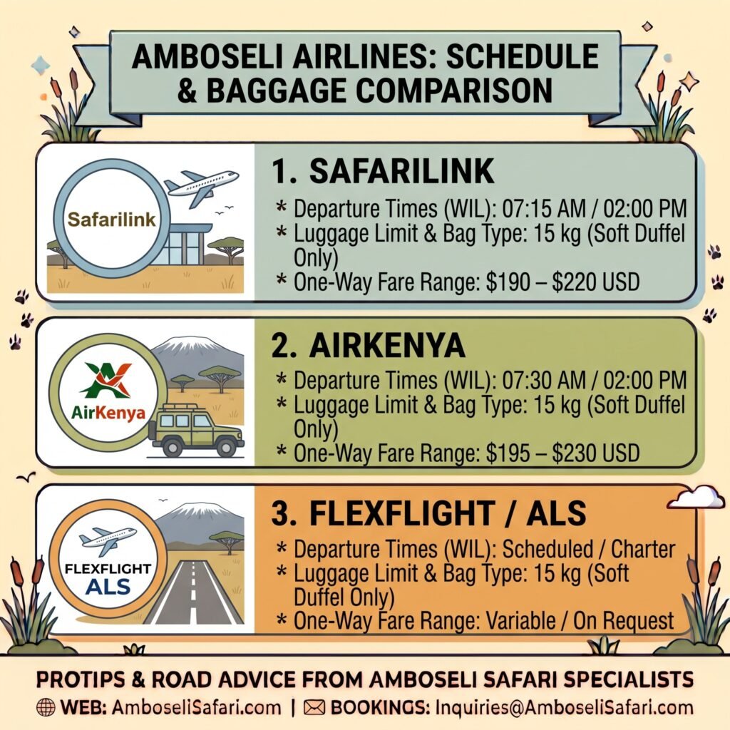 Infographic comparing schedules, fare ranges, and strict 15kg soft duffel luggage limits for Safarilink, AirKenya, and FlexFlight/ALS.