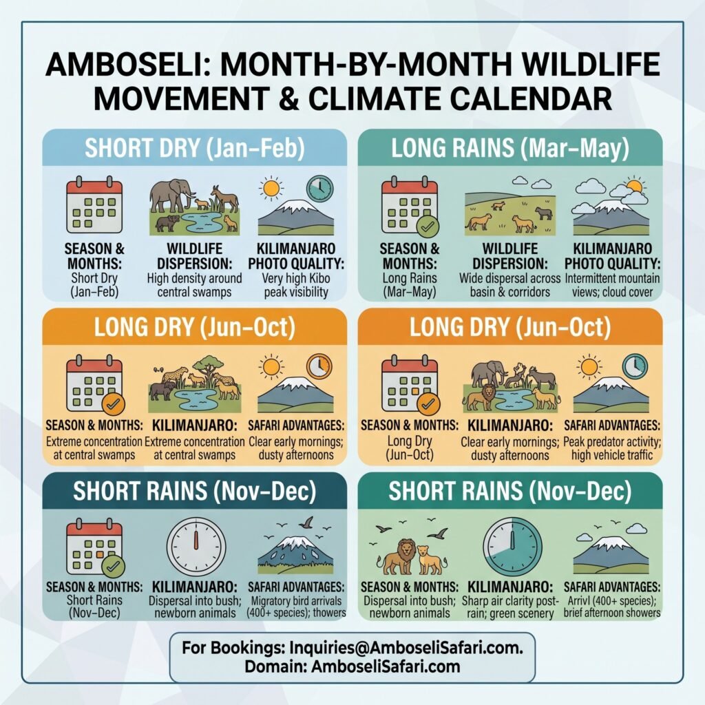 Infographic calendar showing seasonal wildlife dispersion, Kilimanjaro visibility, and weather patterns across Amboseli's dry and wet seasons.