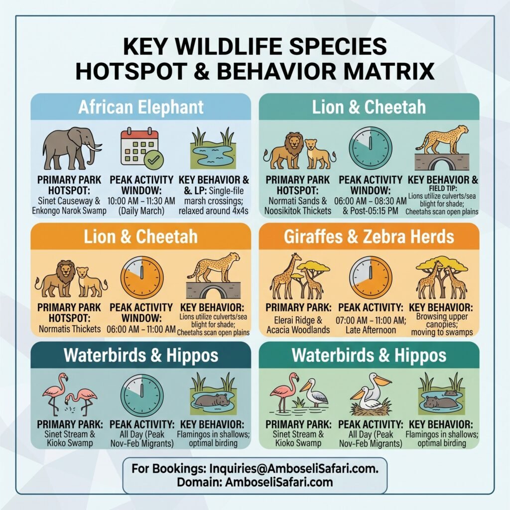 Infographic matrix displaying key wildlife hotspots, peak activity windows, and behavior field tips across Amboseli National Park.
