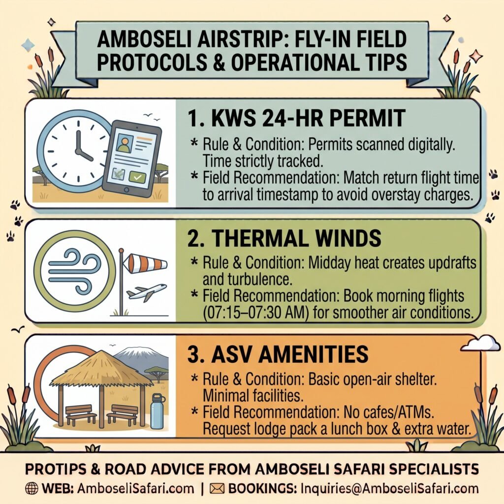 Infographic detailing Amboseli fly-in guidelines: KWS 24-hour permits, morning thermal winds, and ASV shelter amenities.