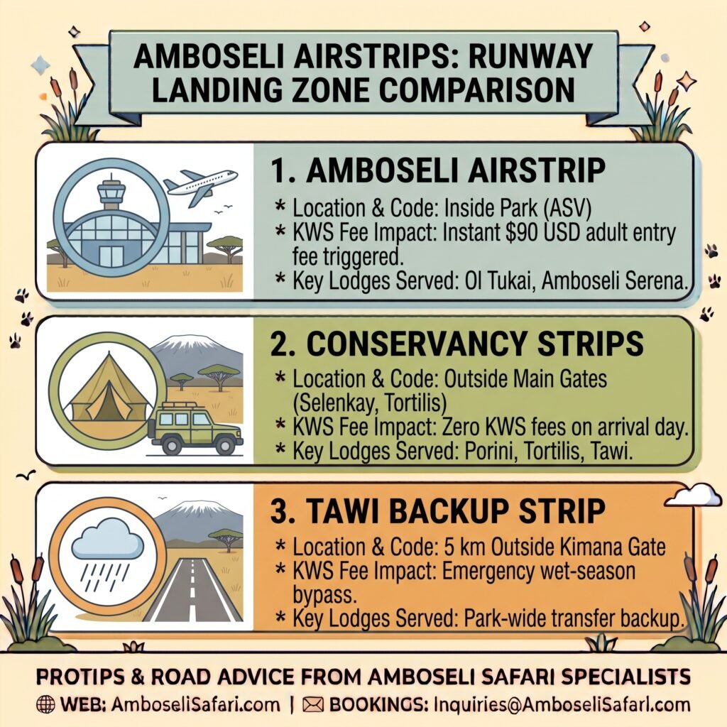 Infographic comparing central Amboseli Airstrip (ASV) KWS fee impacts against private conservancy and wet-season backup landing strips.